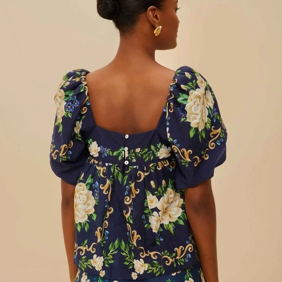 Farm Rio: Blue Flower Tapestry Yoke Blouse - Picture 4 of 6